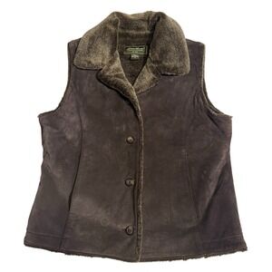 Eddie Bauer Shearling Lined Suede Leather Vest Womens Small Brown Button Front